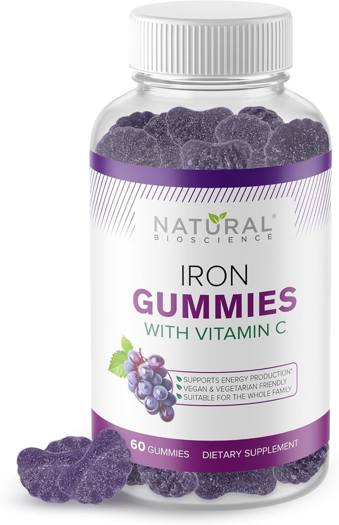 C vitamini ile Demir Gummies - Yetişkinler ve Çocuklar için Chewable Iron Supplement, Iron Deficiency Anemia, Red Blood Cell Support, Energy, Immune Function, Brain Health, Max Abxia, 60 Vegan Gummies