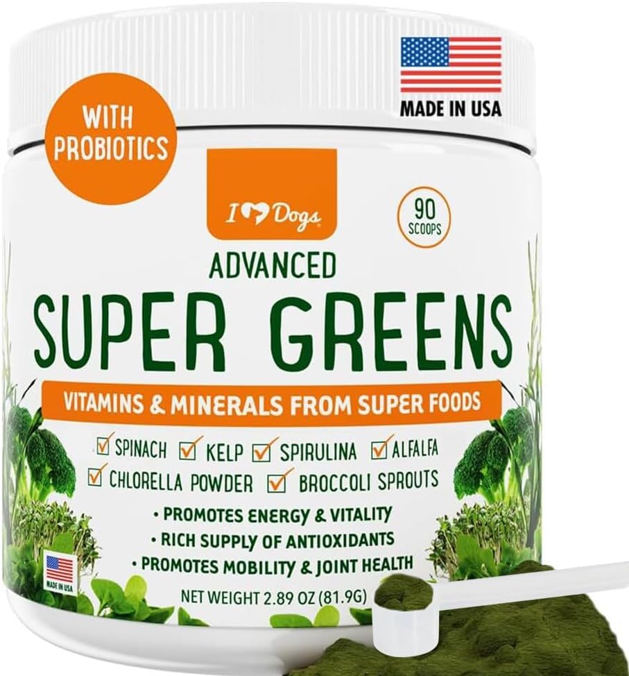 IHeartDogs Super Greens for Dogs with Broccoli Sproouts & Spirulina Powder - Εποχική Αλλεργία & Ανοσοποιητική Υποστήριξη Σκύλος Πράσινοι Σκύλος Σκύλος Σκύλος σκόνη - Βιταμίνες, Αντιοξειδωτικά & Ορυκτά Συμπλήρωμα για Σκύλους
