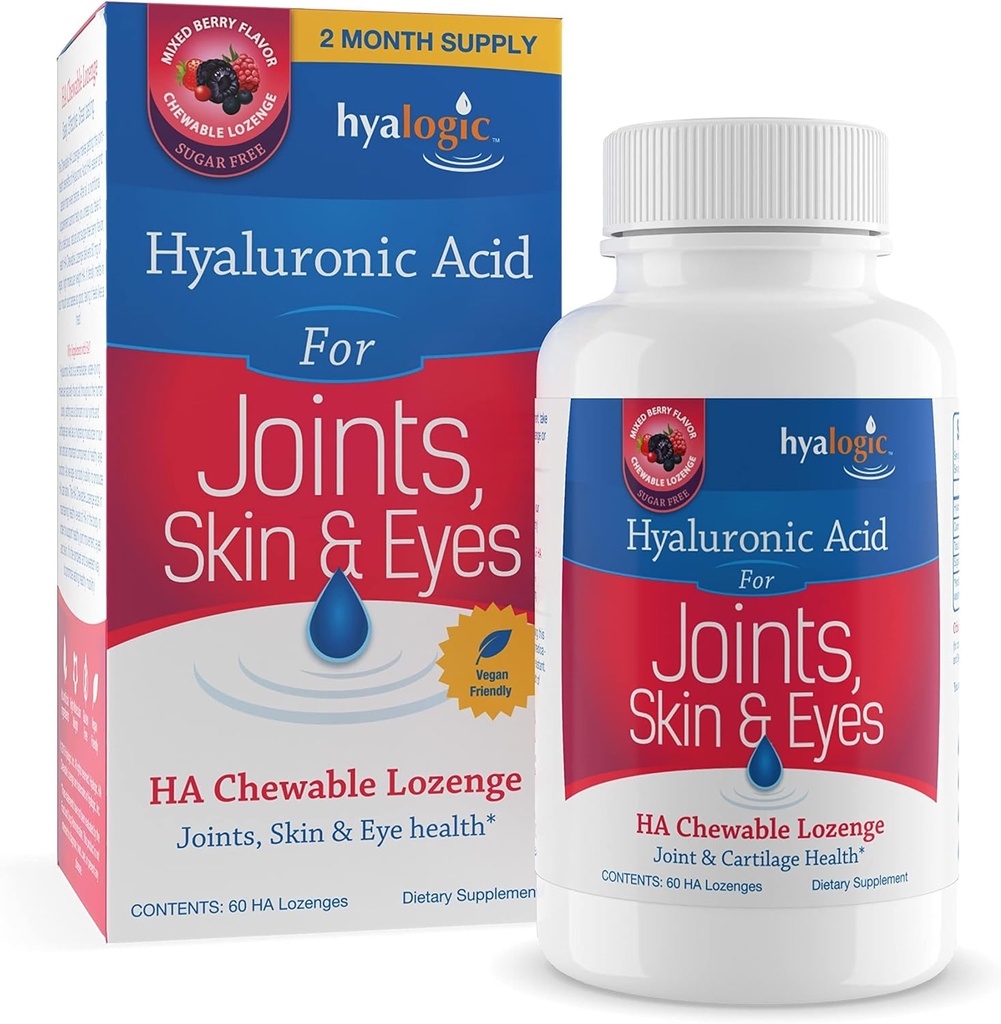 Hyalogic Hyaluronic Acid Chewable Lozenge - Skin Care & Eyes için kullanışlı Tabletler - Vegan, Sugar-Free and Berry Favored Hyaluronic Acid Supplements (60 Count)