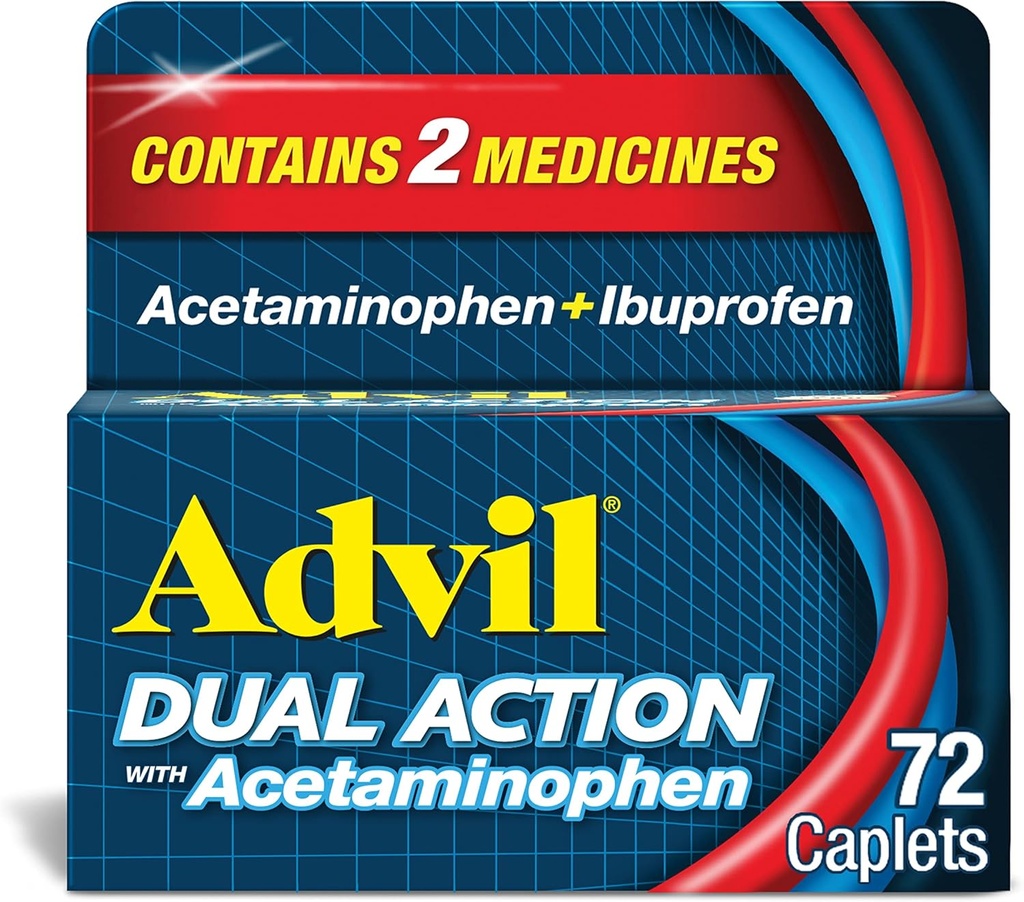 Advil Dual Action, Acetaminophen ile Caplets, 250 Mg Ibuprofen ve 500 Mg Acetaminophen Per Dose (2 Dose Equivalent) 8 Hour Pain Relief - 72 Kont