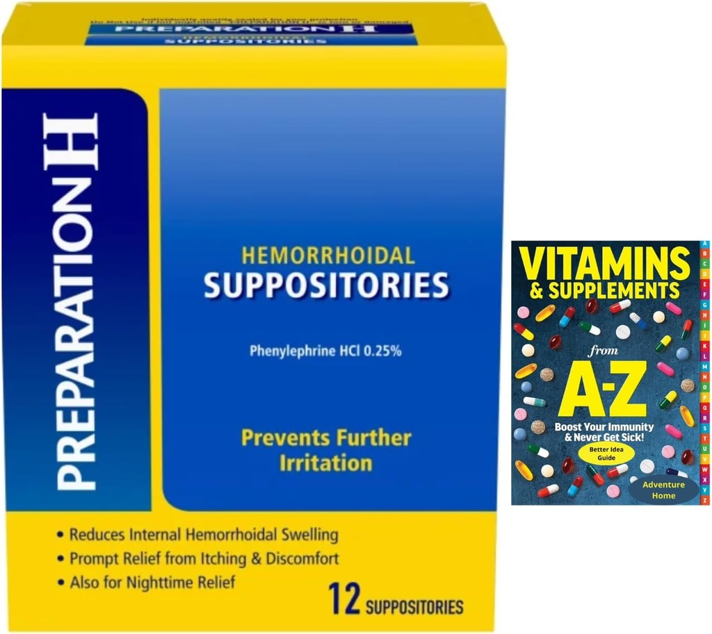 Suppositories Hemorrhoidal, Relief Daytime ve Nighttime Discomfort of Hemorrhoids, 12 Count + Better Guide Free Vitamins Supplements Supplements