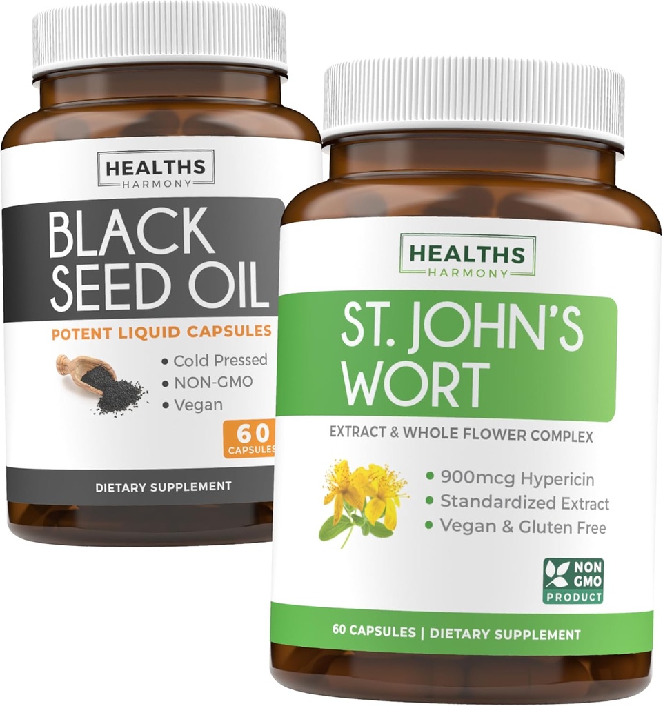 Black Seed Oil & St. John's Wort (1-Month Supply) Serene Sac Black Seed Oil (60 Capsules) Cold-Pressed Nigella Sativa & St. John's Wort (60 Capsules) Güçlü 900mcg Hypericinin
