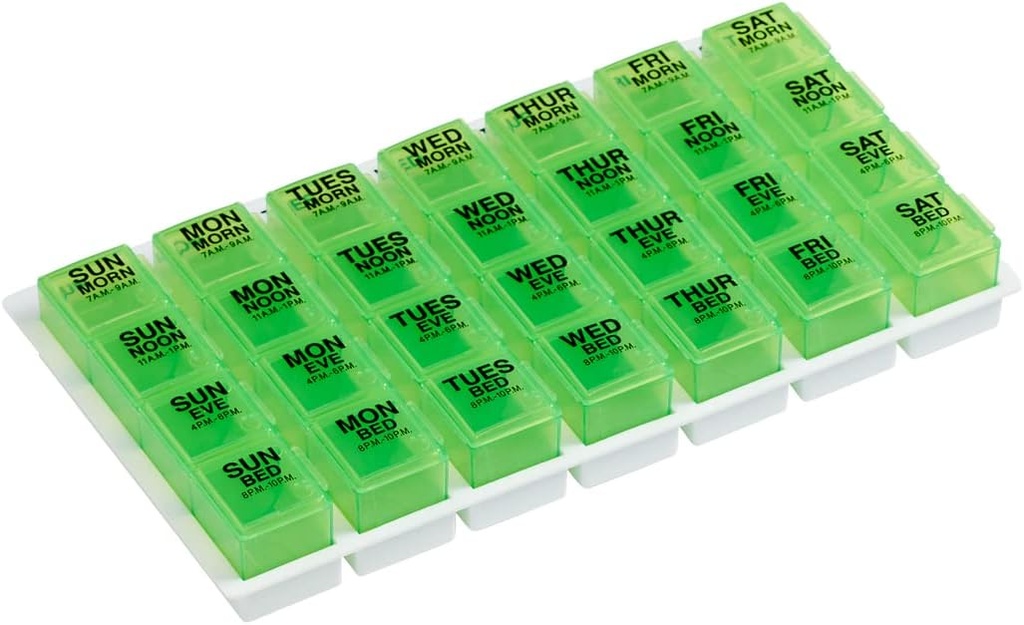 Ezy Δόση Εβδομαδιαία (7-Ημέρα) Hill Organizer, Βιταμίνη και ιατρική κουτί, Μεγάλη Pop-Out διαμερίσματα, 4 φορές την ημέρα, Πράσινο