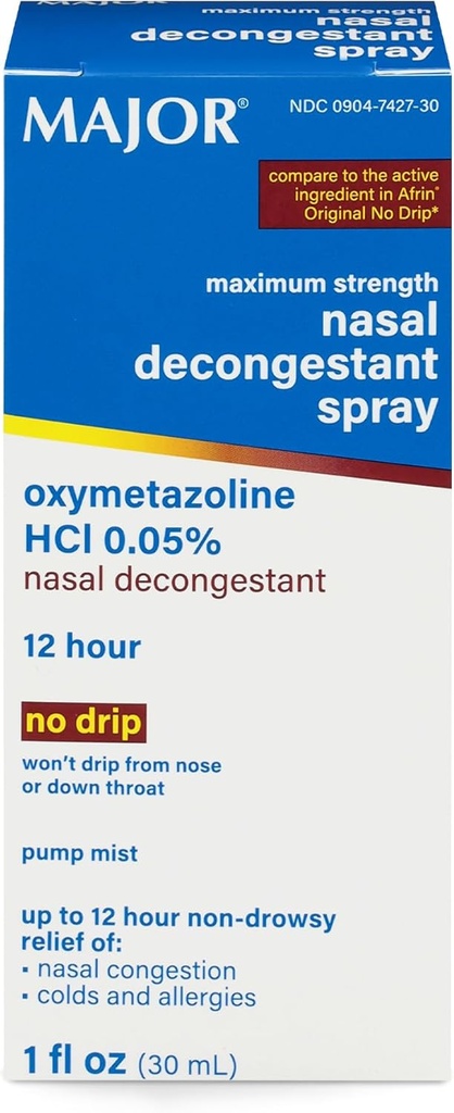 MAJOR Maksimum Güçlü Nasal Decongestant Sprey, Oxymetazoline HCl 0.05% Pump Mist, Non-Drowsy Nasal Mix, Nasal Congestion, Colds ve Allergies 1 Fl.
