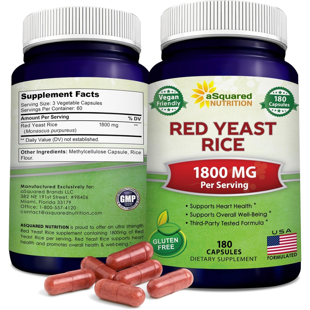 ASquared Beslenme Kızıl Yeast Rice 1800 mg - Diyet Supplement Vegan Toz Pills to Support Cardiovascular Health - 180 Veggie Capsules