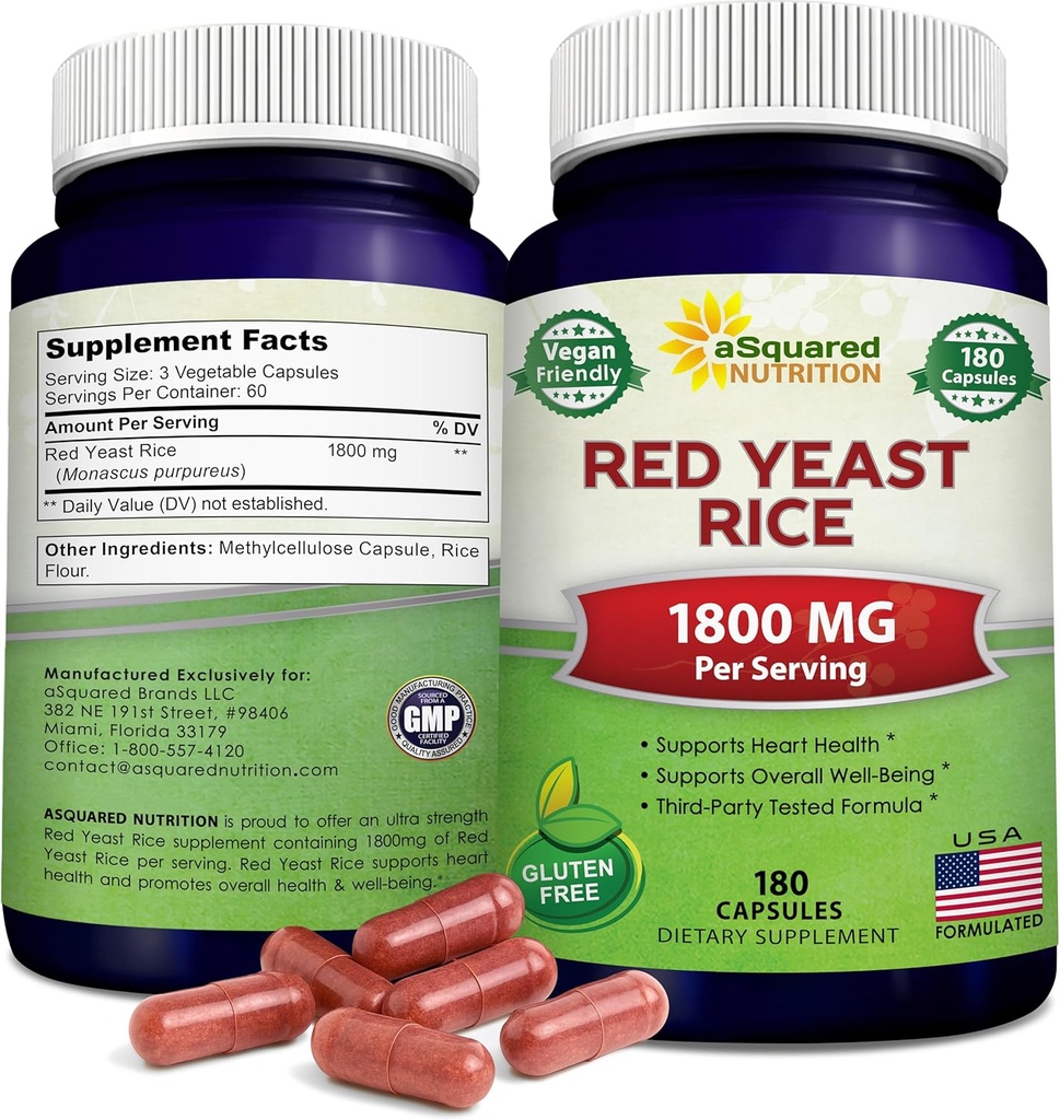 ASquared Beslenme Kızıl Yeast Rice 1800 mg - Diyet Supplement Vegan Toz Pills to Support Cardiovascular Health - 180 Veggie Capsules