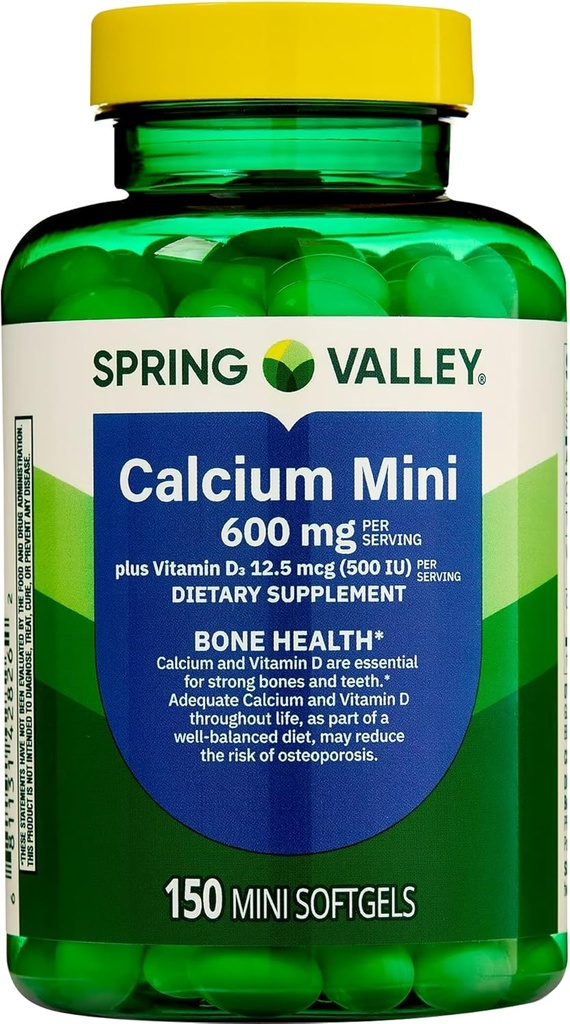 Spring Valley Food Mini 600 mg Plus Vitamin D3, 150 Kont, Diyet Tamam, Küçük Kalsiyum Pills Schell