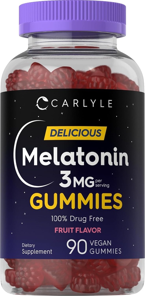 Carlyle Melatonin Gummies 3mg | 90 Kont | Meyve Flavor Gummy Supplement | 100% İlaç Ücretsiz Destek | Vegan, Non-GMO, Gluten Free