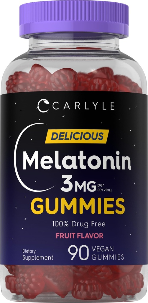 Carlyle Melatonin Gummies 3mg | 90 Kont | Meyve Flavor Gummy Supplement | 100% İlaç Ücretsiz Destek | Vegan, Non-GMO, Gluten Free