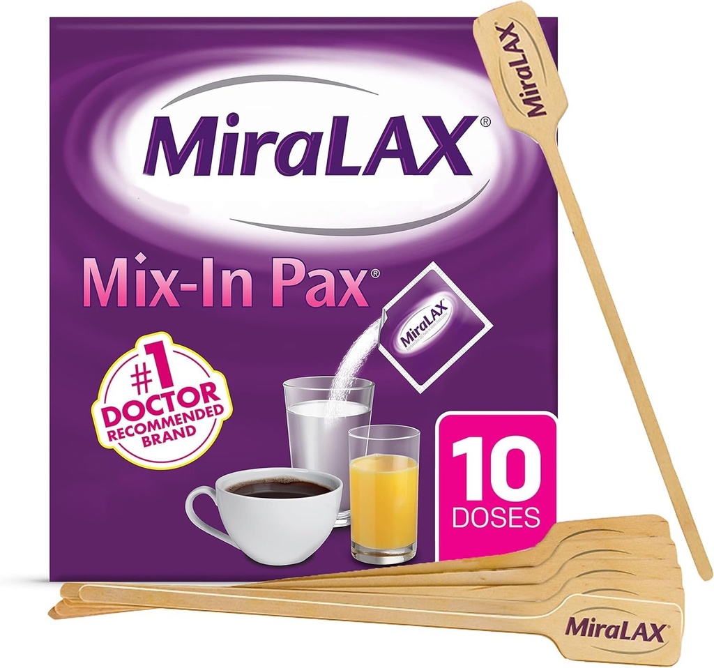 MiraLAX Gentle Constipation Relief Laxative Toz, Stool Softener with PEG 3350, No Harsh Side Effects, Single Dose Mix-In Pax with Mix Stirrers, Travel Pack, 10 Dose