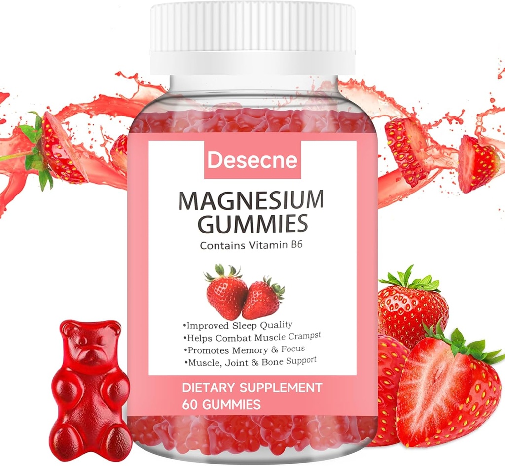 Γλυκινικό μαγνήσιο Glycinate Gummies για ενήλικες Παιδιά με βιταμίνη Β6, Φράουλα Συμπληρώματα Μαγνησίου Γεύσης, Μαγνήσιο Κιτρικό για τον Ύπνο, 60 Gummies ανά φιάλη