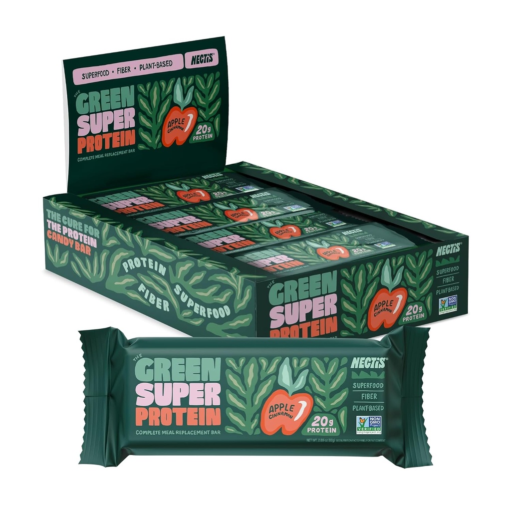 Nectis Green Super Protein Meal Bars, Apple Cinnamon, 20g φυτική πρωτεΐνη, Organic Greens, υψηλής ίνας, vegan, χωρίς σόγια, μη gmo, 82g Bar, 8 πακέτο