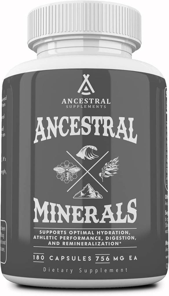 Ancestral Supplements Minerals & Electrolytes with Magnesium, Potassium, Sodium, Supports Optimal Hydration, Immune Health, Athletic Performance, Digestion, and Remineralization, 180 Capsules