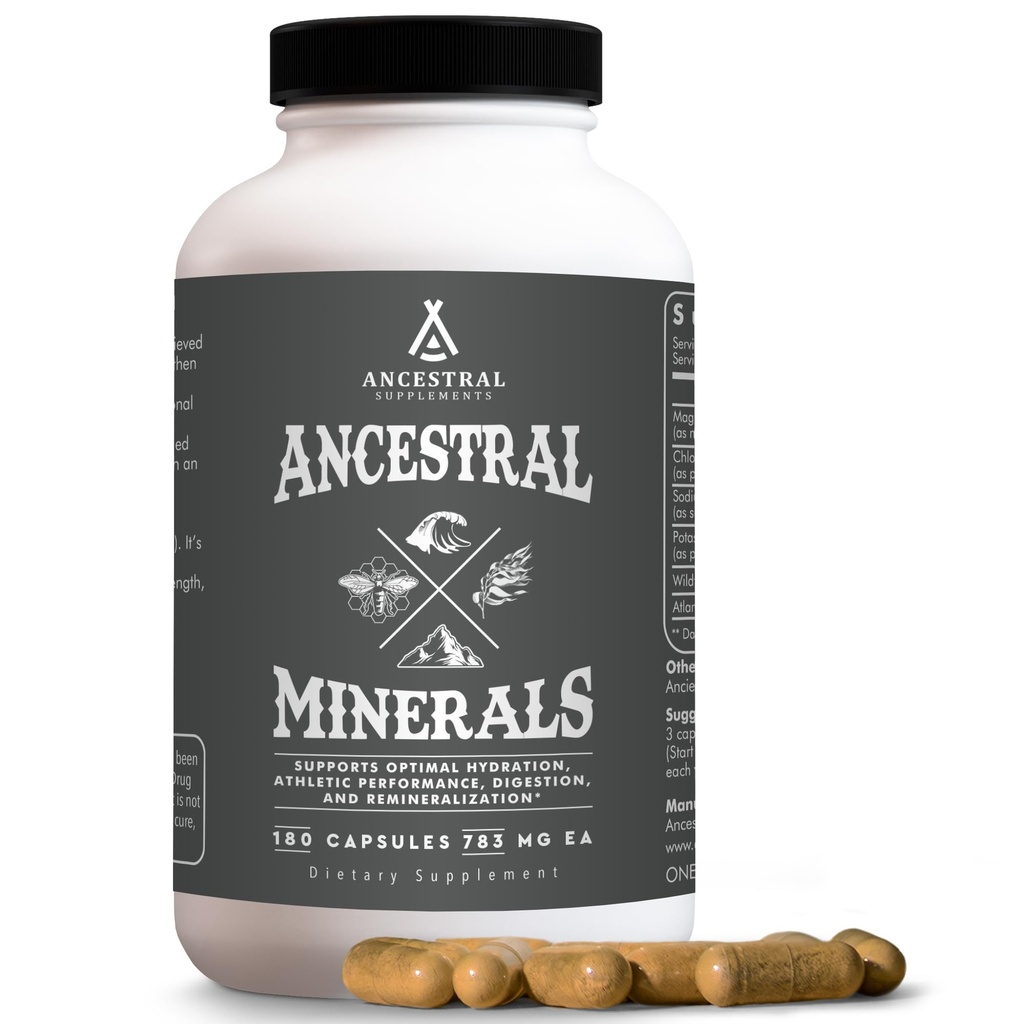 Ancestral Supplements Minerals & Electrolytes with Magnezyum, Pyum, sodyum, Supports Optimal Hydration, Immune Health, Athletic Performance, Digestion, and Remineralization, 180 Capsules