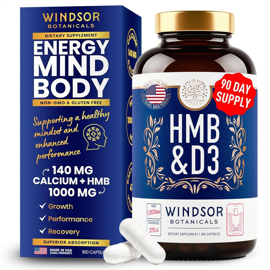 HMB ve Vitamin D3 Tamam - B-Hydroxy B-Methylbutyrate 1,000 MG HMB Supplements for Men and Women Plusuba, D 3 - Kas Büyüme, Güçlü, Performans, Kurtarma - 90 Gün, 180 Caps.