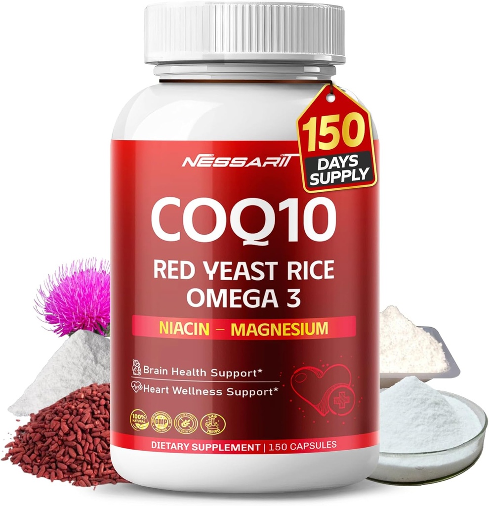 COQ10 + Red Yeast Rice Supplement - 10in-1 Doğal Mix with Omega 3 Vitamin B3, K2, D3, çinko Süt Butle Black Pepper - 150 - ABD'de Yapılan ve Test Edildi