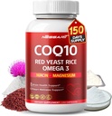 COQ10 + Red Yeast Rice Supplement - 10in-1 Doğal Mix with Omega 3 Vitamin B3, K2, D3, çinko Süt Butle Black Pepper - 150 - ABD'de Yapılan ve Test Edildi