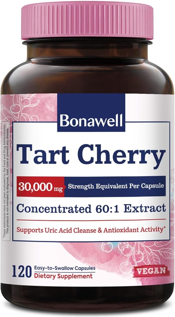 Bonawell Tart Cherry Capsule 60:1 Ekstraksiyon, 30000 mg Güçlü, Montmorency Tart Cherries, Güçlü Uric Acid Cleanse, Mobility, 4 Ay Supply, 120 Capsules