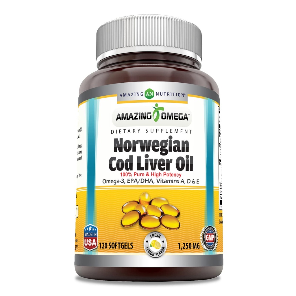 Amazing Omega Norveç Cod Liver Oil 1250 Mg Softgels Supplement | Omega-3, EPA, DHA, A, Vitamin D & Vitamin E (Lemon | 120)
