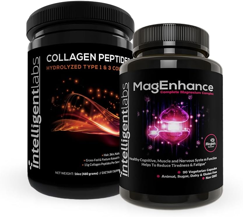 Ευφυές Labs 2-σε-1 Bundle MagEnhance Supplement (σύμπλεγμα χημικού μαγνησίου υψηλής απορρόφησης) και σκόνη πεπτιδίων κολλαγόνου (Unfraved Organic Hydrolyzed Type 1 & 3 Collagen Protein Powder)