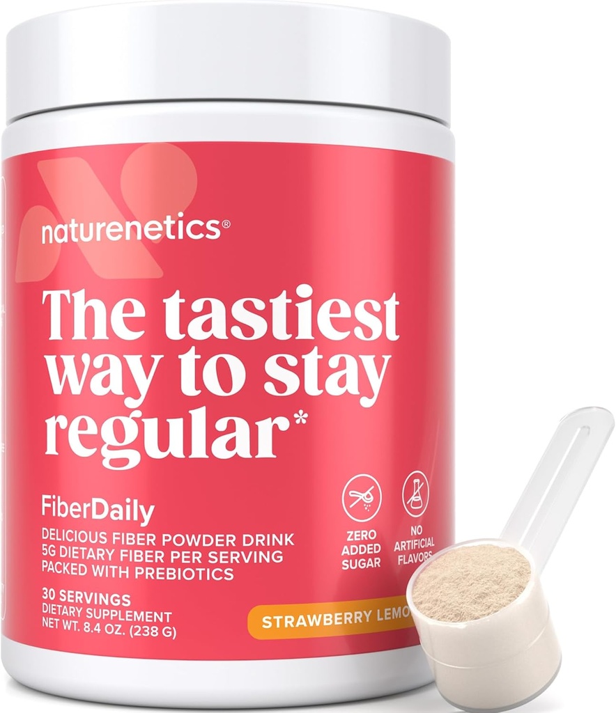 FiberDaily Lezzetli Fiber Toz - Organik Psyllium Husk, Agave Inulin & Sunfiber® Guar Gum Strawberry Lemonade Drink, Sugar Free, ► Fiber, Prebiyotik Fiber Supplement, Vegan, 1 Ay Supply