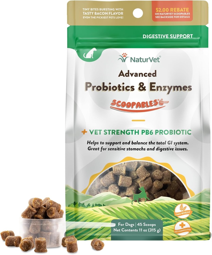 NaturVet Scoopables Advanced Probiyotiks for Dogs - Chewable Dog Probiyotiks & Digestive Enzymes - Pet için sağlıklı bir Gut - Hickory Smoked Bacon Flavor | 11oz Bag