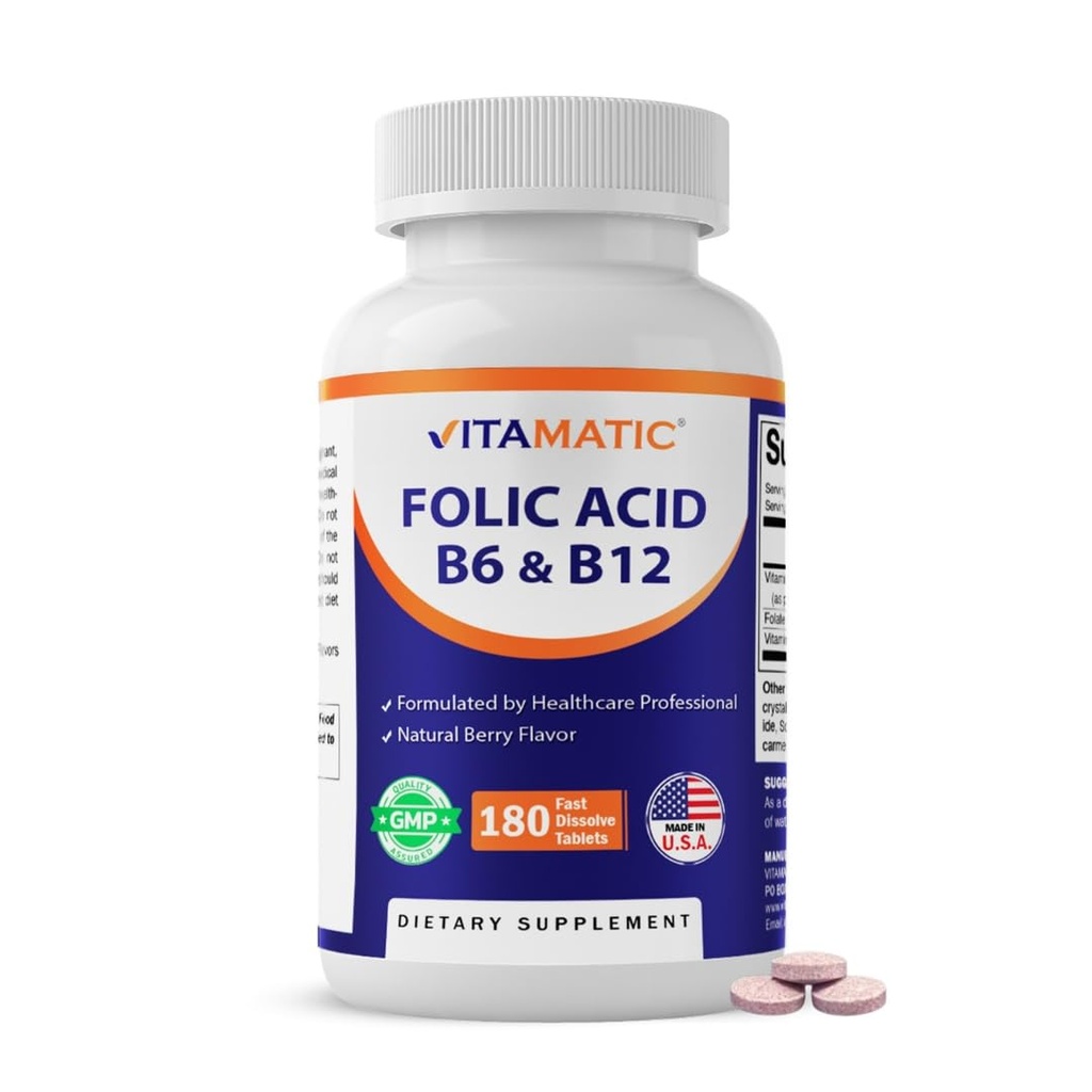 Vitamatic Folic Asit, B12 & B6 – 180 Hızlı Dissolve Tablet Kalp Sağlığı, Enerji Üretimi ve Kırmızı Kan Hücre Desteği