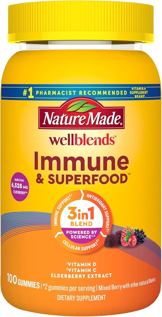 Nature Made Wellblends Immune & Superfood, Elderberry Gummies with Acerola Cherry Extract, Plus Vitamin C + Vitamin D, Immune Support Supplement, 100 Gummy Vitamins