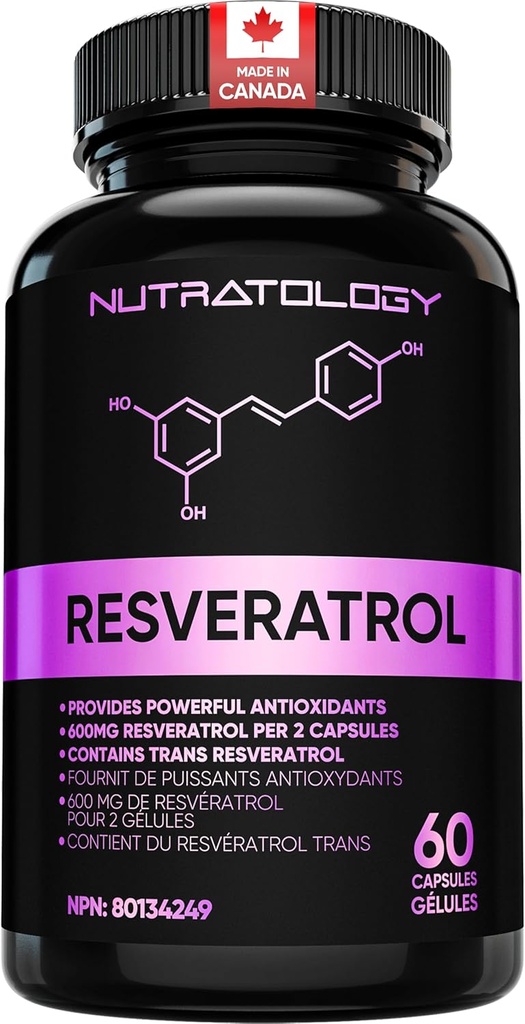 Nutratology Resveratrol Tamam- Potent Antioksi Supplement - Anti Aging Trans Resveratrol - Cardiovascular Health, Hücre Rejenerasyonu ve Saç Büyümesi - 60 Capsules - 30 Servisler