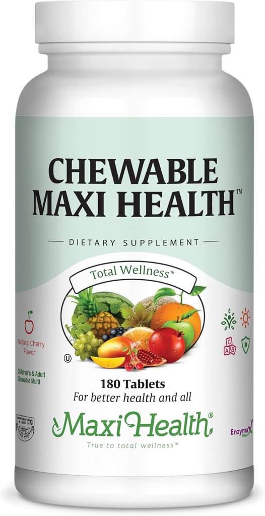 Maxi Health Chewable Multivitamin for Kids, Teens and Adults - Cherry Chewable Vitamins for Adults & Children - Kosher Kids Multivitamin + Iron (180 Tablets)