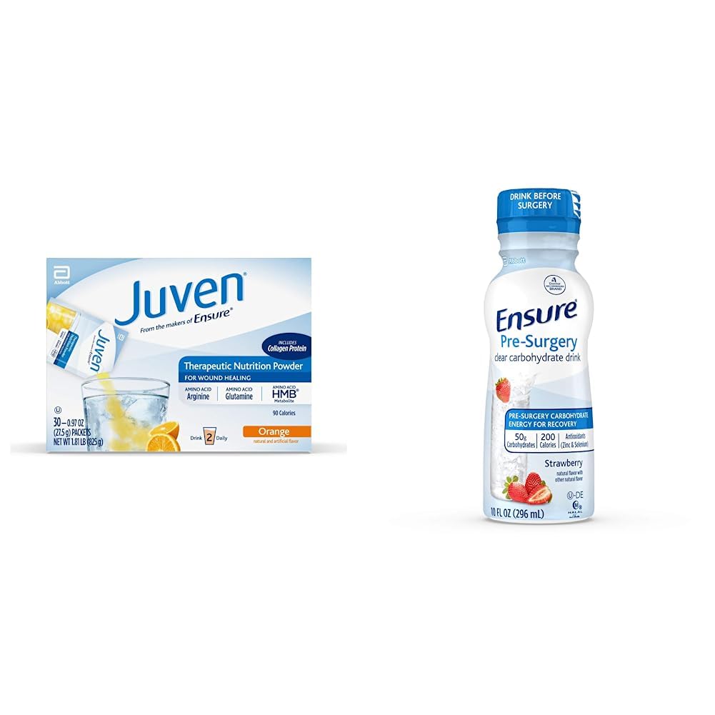 Juven Treatment Nutrition Drink Mix Toz for Saga Healing Support, Collagen protein, Orange, 30 Count & Discover Pre-Surgery, Clear Carbohidrat Drink, Strawberry, 10 fl oz, 4 Count