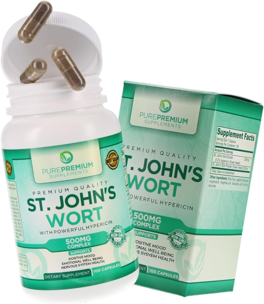 Pure Premium St. Johns Wort Κάψουλες 500mg - Mood Support Supplement - Βότανο & Φυσικό Φυσικό Κανονικό Στρες Συμπληρώματα - St John Wort Υποστήριξη Θετική Τάση για Άνδρες & Γυναίκες - 3 Μήνες Προμήθεια - 100 Κάψουλες