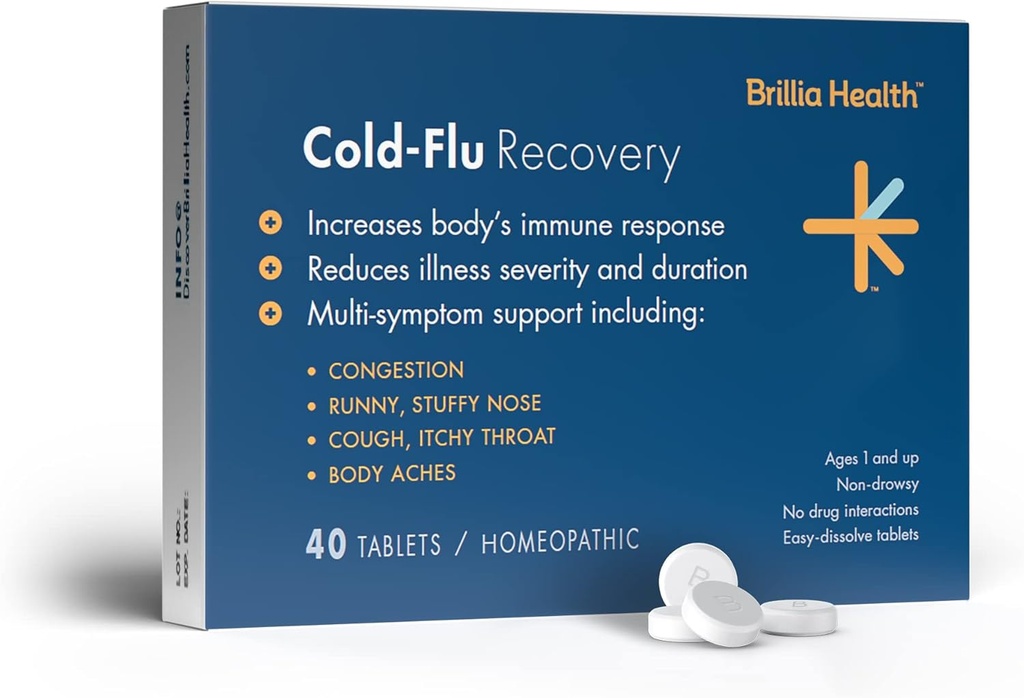 Brillia Health - Cold-Flu Recovery - 40 Tablet - Evopathic Cold-Flu Relief - Cold, Flu & Cough için Klinik Yardım - Yetişkinler ve Çocuklar için