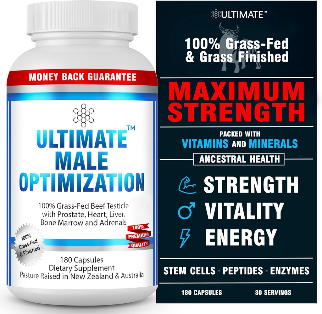 Ultimate Ανδρική Βελτιστοποίηση 100% Grass Fed Beef Organ Supplement - Supports Test, Energy & Overal Men's Health & Wellness - Μη-GMO Grass Fed Beef Organ Supplement with Liver, No Fillers 180 Κάψουλες