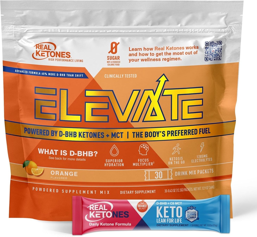 Real Ketones MCT & BHB Exojen Ketones Mix Packets Elevate Keto Electrolytes Toz Packets No Sugar with 4 Main Electrolytes Plus Hydrating Proprietary Keto BHB - 30 Pack Orange