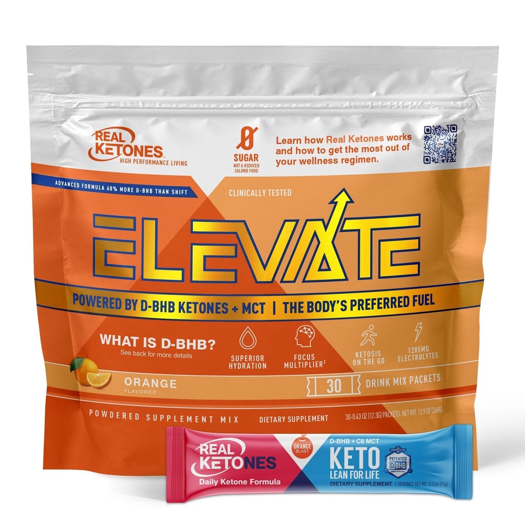 Real Ketones MCT & BHB Exojen Ketones Mix Packets Elevate Keto Electrolytes Toz Packets No Sugar with 4 Main Electrolytes Plus Hydrating Proprietary Keto BHB - 30 Pack Orange