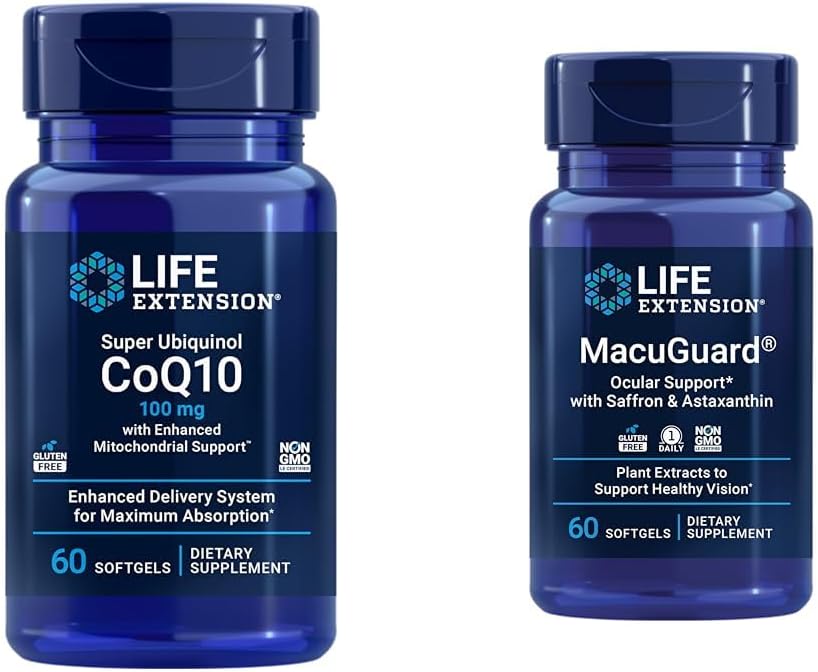 Life Extension Super Ubiquinol CoQ10 Kalp Sağlığı Hücreleri Enerji 60 Softgels & Macuguard Ocular Destek Lutein Zeaxanthin Saffron Astaxanthin Eye Health 60 Kont