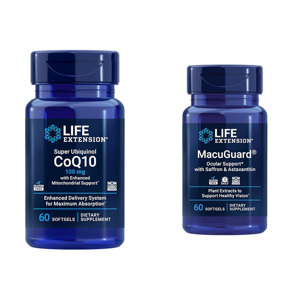 Life Extension Super Ubiquinol CoQ10 Kalp Sağlığı Hücreleri Enerji 60 Softgels & Macuguard Ocular Destek Lutein Zeaxanthin Saffron Astaxanthin Eye Health 60 Kont