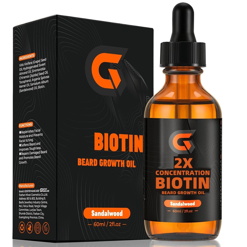 2X Συγκέντρωση Biotin Γυμνό αυξητικό λάδι για τους άνδρες - Leave-In Conditioner & Αποσκληρυντής - Ενυδατώνει, Παχύς, Ενισχύει & Προάγει την ανάπτυξη των μαλλιών προσώπου - Βιολογικό Argan & Jojoba Oil - 2fl. Οζ