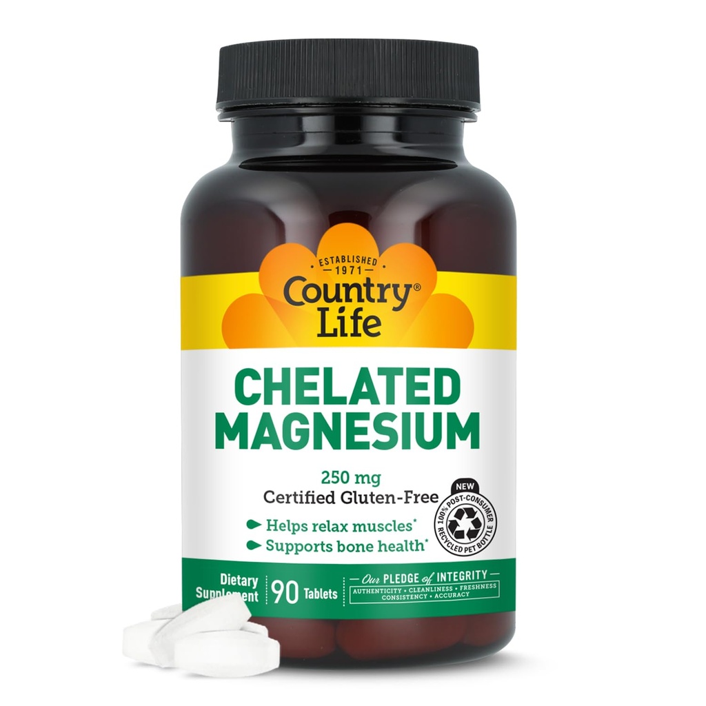Country Life, Chelated Magnezyum 250 mg, Supports Bone and Immune Health, Daily Supplement, 90 ct