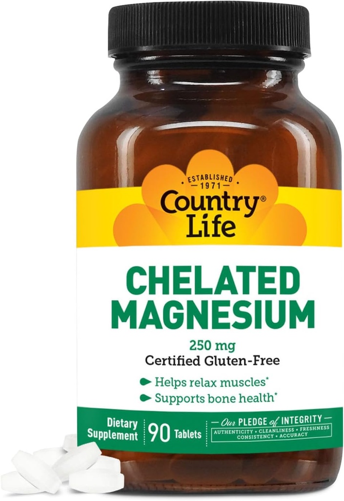 Country Life, Chelated Magnezyum 250 mg, Supports Bone and Immune Health, Daily Supplement, 90 ct