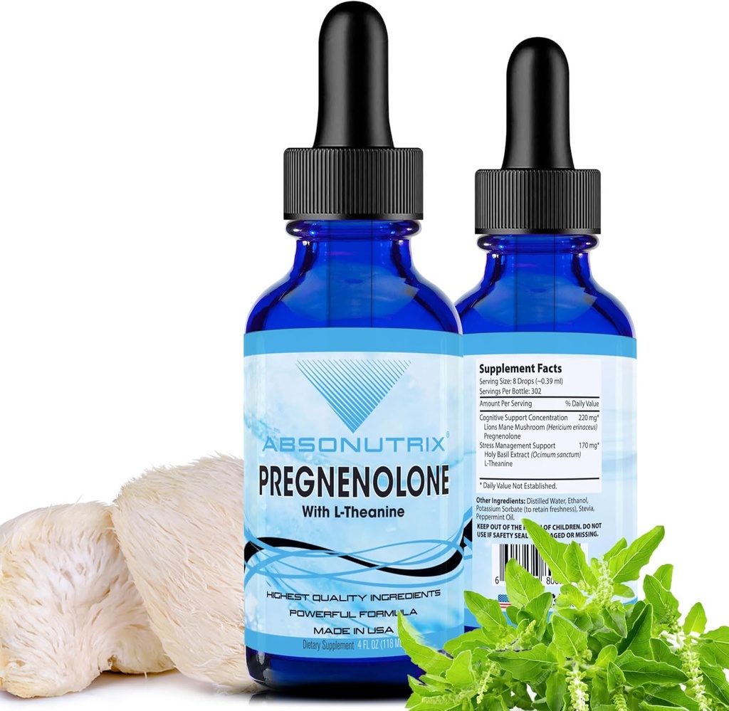 Absonutrix Pregnenolone with L-Theanine Advanced Formula 390 mg, 4 Oz Liquid, 302 Services, Made in USA, Quick Abxia, Quality Potent Malzemeler, Non-GMO, GMP sertifikalı Tesis