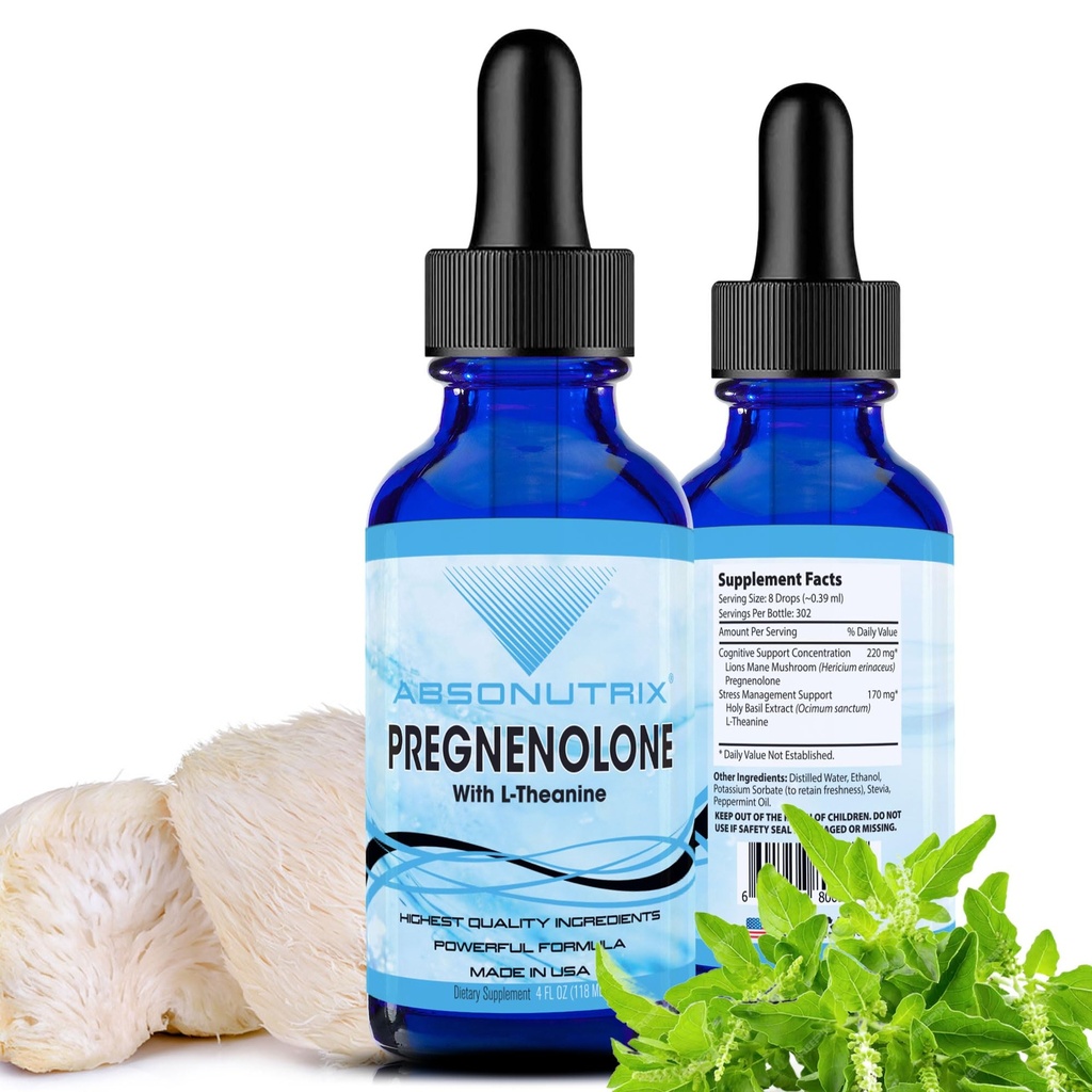 Absonutrix Pregnenolone with L-Theanine Advanced Formula 390 mg, 4 Oz Liquid, 302 Services, Made in USA, Quick Abxia, Quality Potent Malzemeler, Non-GMO, GMP sertifikalı Tesis