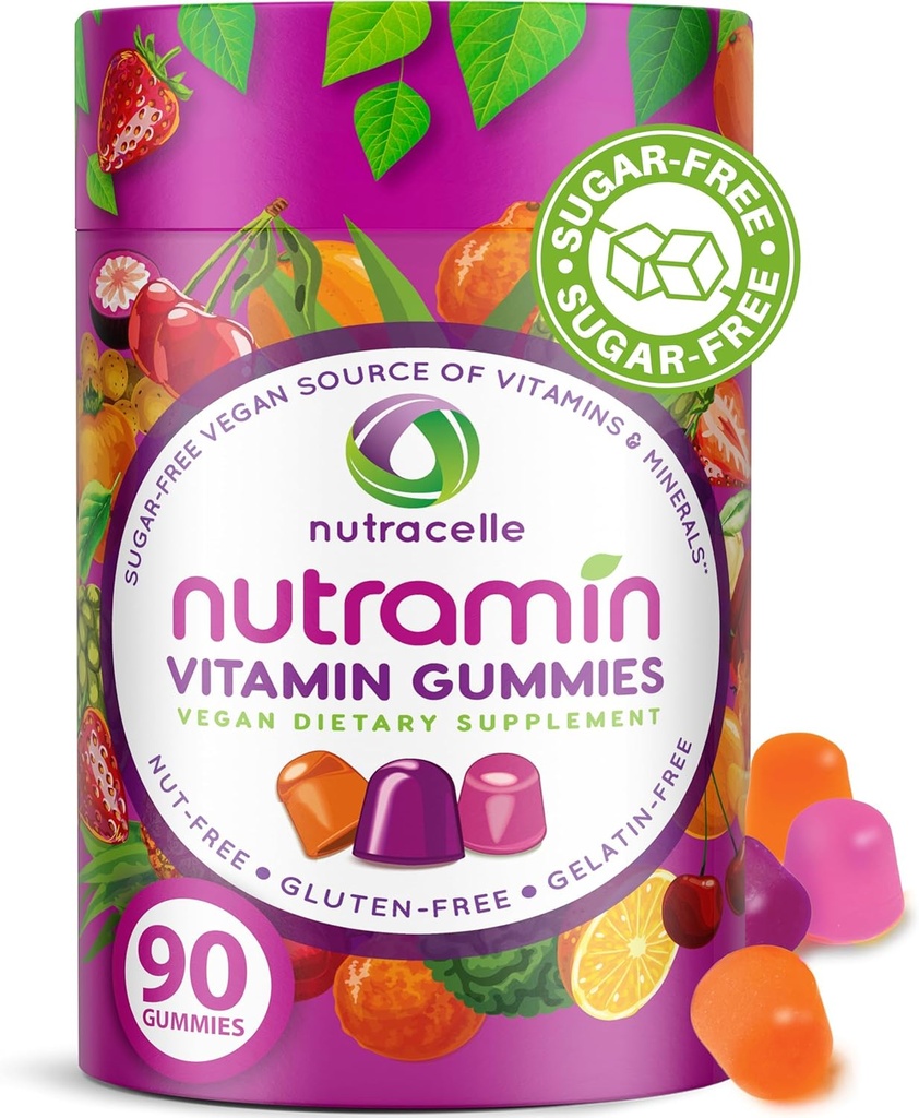 NUTRAMIN Daily Vegan Hua Multivitamin Gummies Non-GMO Natural Vitamin C, D + Çinko Immunity, Plant-Based, Sugar-Free, Nut-Free, Gluten-Free, Biotin, Vitamin A, B, B6, B12 & More 90 Count, 45 Days