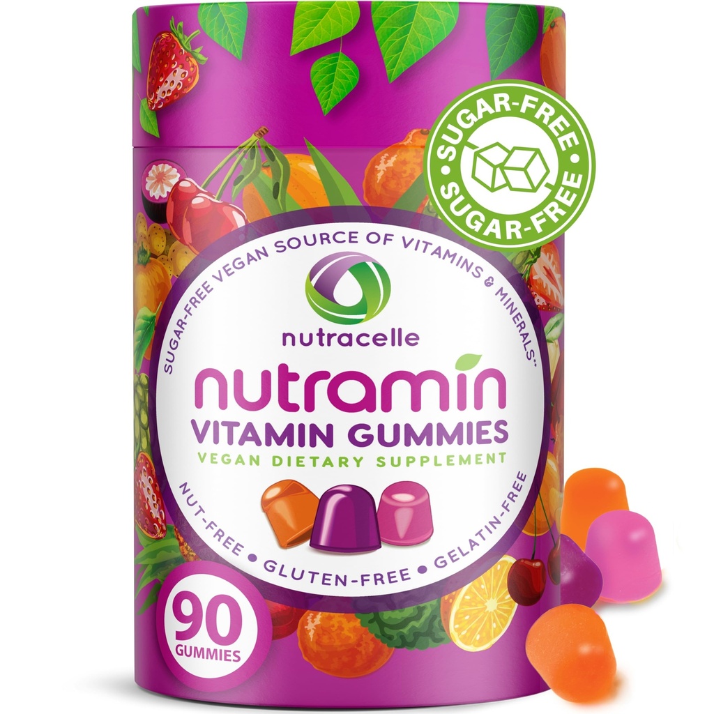 NUTRAMIN Daily Vegan Hua Multivitamin Gummies Non-GMO Natural Vitamin C, D + Çinko Immunity, Plant-Based, Sugar-Free, Nut-Free, Gluten-Free, Biotin, Vitamin A, B, B6, B12 & More 90 Count, 45 Days