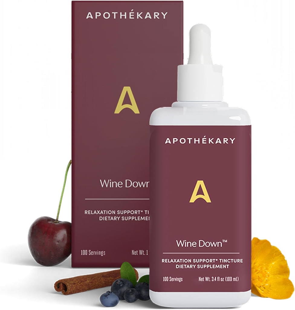 Apothékary Wine Down, Natural Sleep and Relaxation Support, Alkol-Free Red Wine-Inspired Herbal Liquid Drops, Consists of Blue Vervain, Tart Cherry, ve California Poppy, 4 oz, 100 hizmet