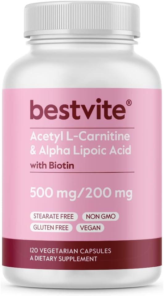 BESTVITE Acetyl L-Carnitine 500 mg & Alfa Lipoic Acid 200 mg per Capsule with Biotin (120 Vegetarian Capsules) - No Stearates - Vegan - Non GMO - Gluten Free