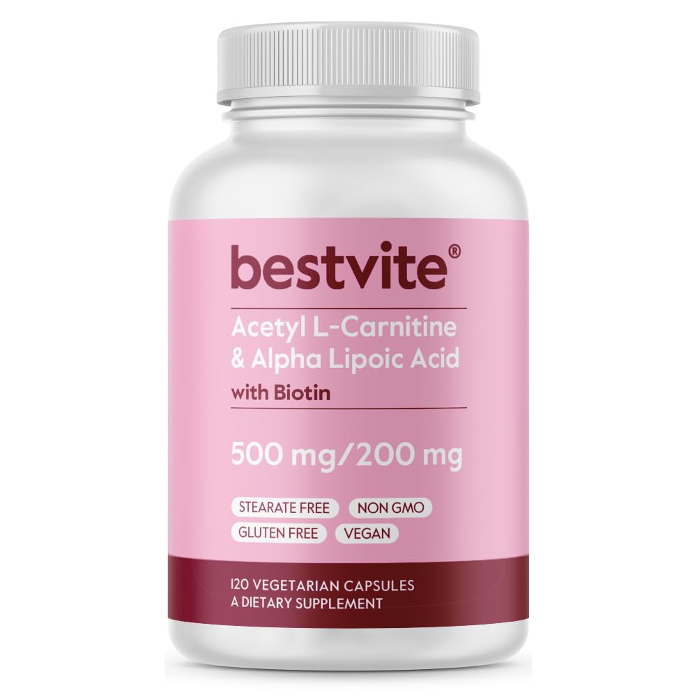 BESTVITE Acetyl L-Carnitine 500 mg & Alfa Lipoic Acid 200 mg per Capsule with Biotin (120 Vegetarian Capsules) - No Stearates - Vegan - Non GMO - Gluten Free