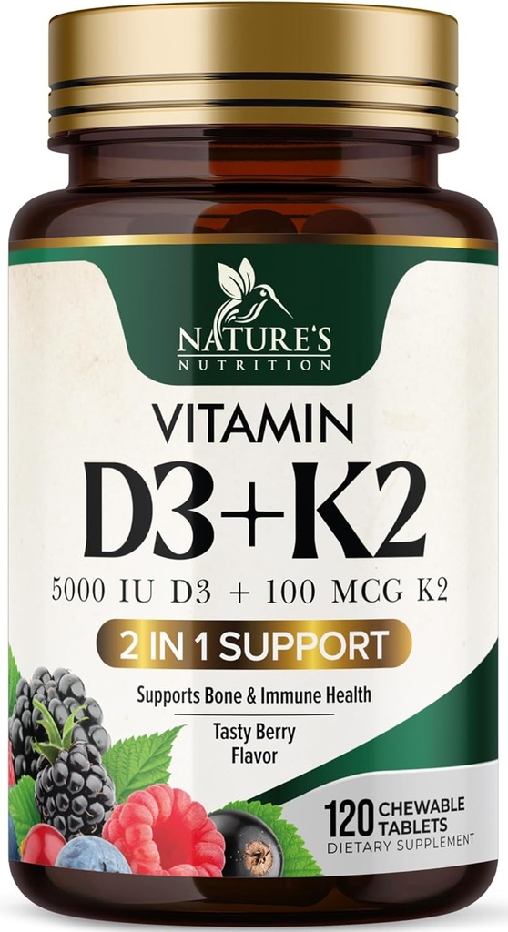 D3 K2 Supplement | 5000 IU D3 + K2 100 mcg | MK-7 K2 Vitamin D | Destek Immune, Heart, Teeth & Bone Health - Nature's Easy to Chew, VIT D3 K2, Non-GMO, Tasty Berry Flavor - 120 Tablet