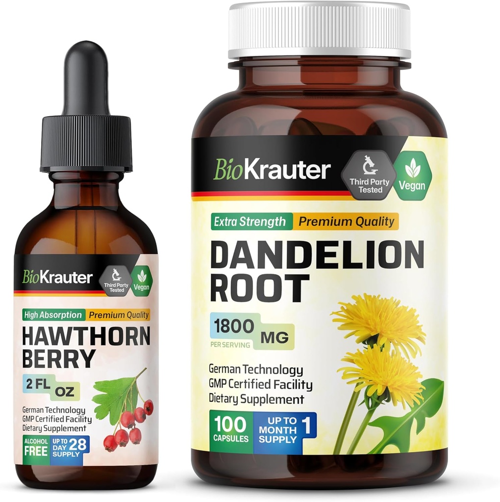 BIO KRAUTER Hawthorn Tincture 2 Fl. Oz. & Dandelion 100 Capsules